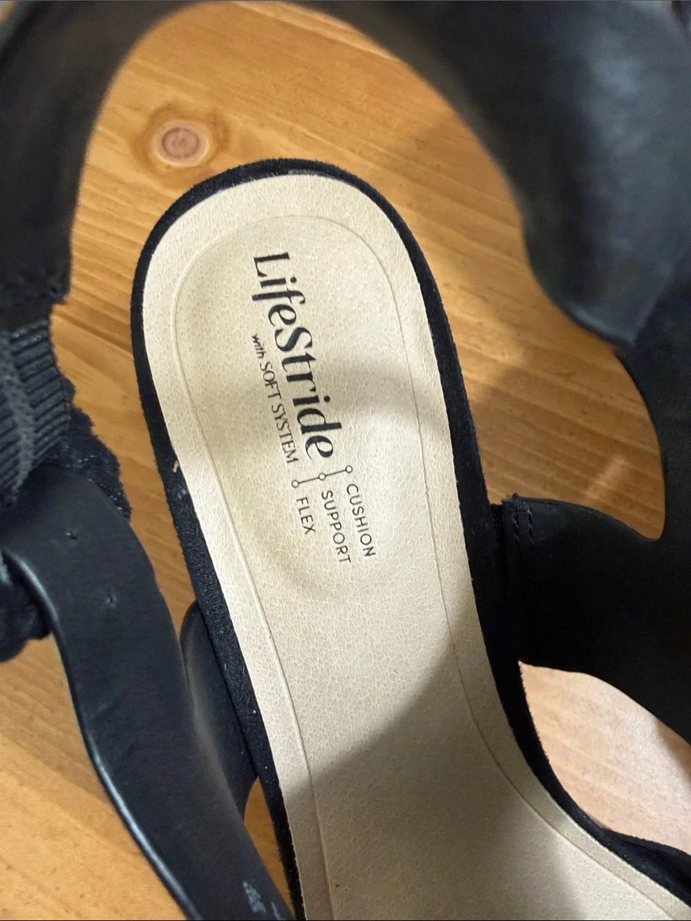 LifeStride Audra Black Faux Suede Platform Sandals with Wood-Effect Block Heel